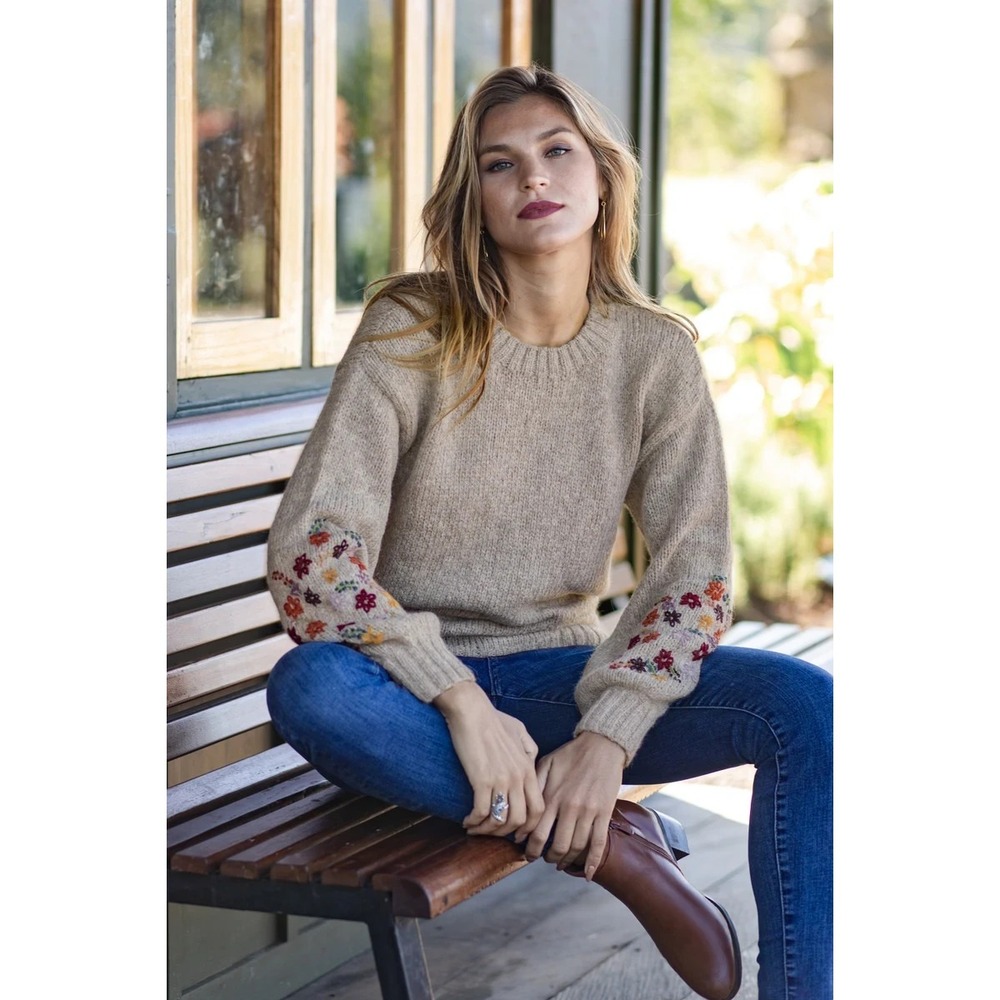 Novica Autumn Breeze Sweater Beige L Floral Embroidered Alpaca Boho Cozy